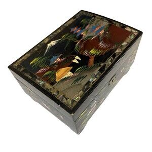 Vintage Japanese Music Jewelry Box Black Lacquer Mt Fuji Inlayed Abalone